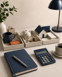desk with notebook and calculator