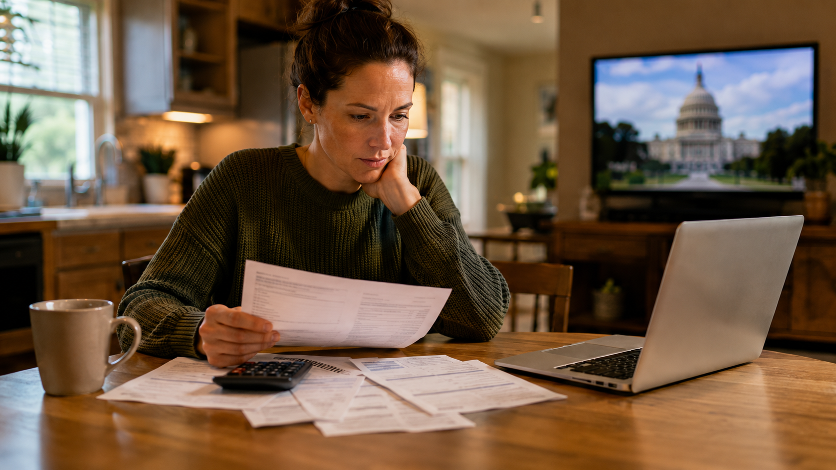 federal employee at computer looking at bills during government shutdown
